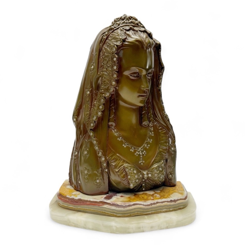 Vintage Bronzed Resin Jeweled Religious Woman in Mantilla Statue Bust on Onyx